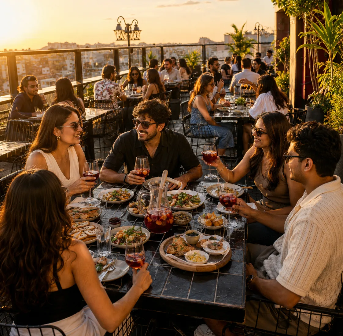 Friends sharing wine and a spread of tapas-style dishes at a rooftop table during golden hour sunset
